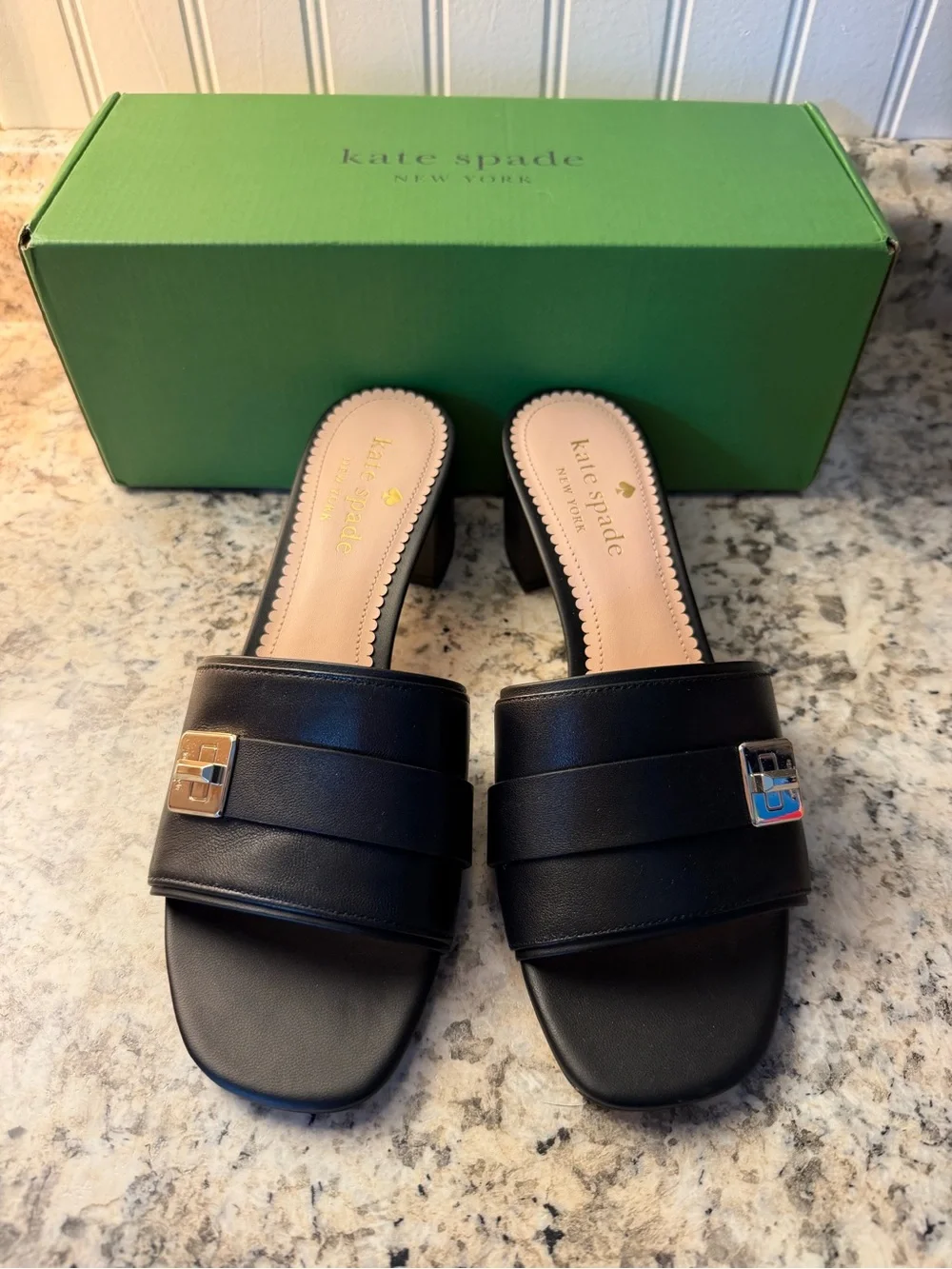 kate spade Black Leather Slide Mules Phoebe 6B Buckle Accent worn once Box